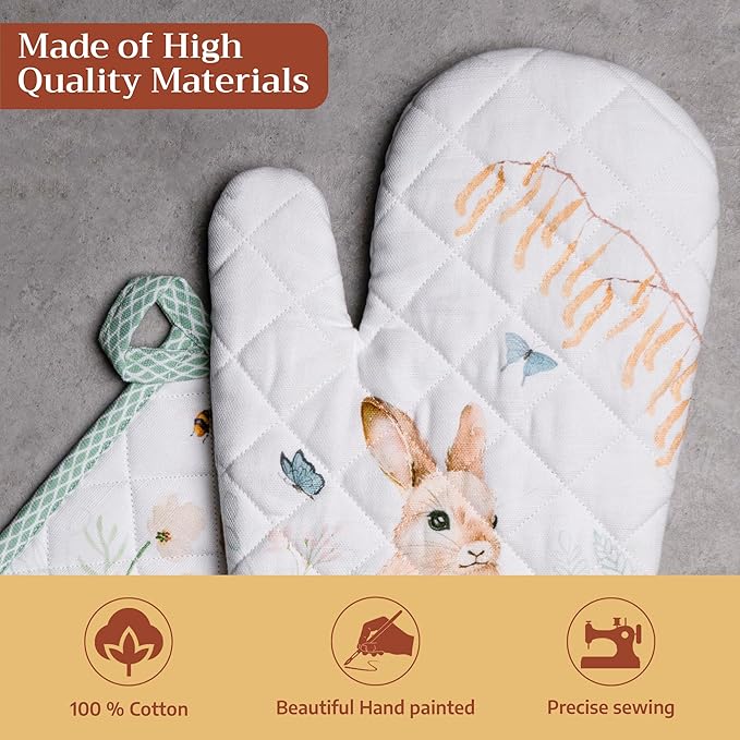 Maison d' Hermine 100% Cotton Oven Mitt & Pot Holder Set (7.5"x13" & 8"x8") Heat Resistant BBQ Cooking Gloves with Loop Baking Grilling Kitchen Gifts for Mothers Day Spring/Summer (Easter Dew)