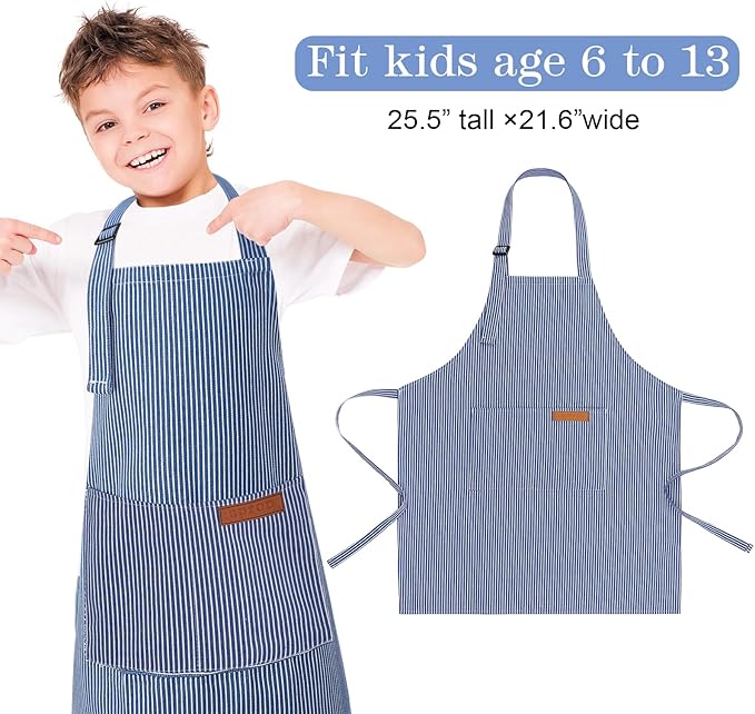 3 Pack Stripes Kids Apron, Adjustable Kids Cooking Aprons with 2 Pockets, Cute Chef Baking Aprons for Boys and Girls
