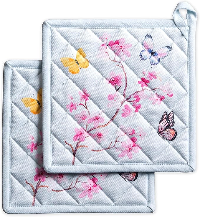 Maison d' Hermine Pot Holders 100% Cotton Heat Resistant Potholders 8" x 8" Hot Pads with Loop Cooking Baking Gifts for Mothers Day Handling Hot Pans Spring/Summer (Pack of 2, Blossoms in Spring)