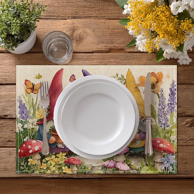 HOMETITUTE Gnome Artwork Linen Placemats Set of 4 12x18 inch Spring Table Mats for Dining Table Farmhouse Decorations Kitchen Decor Desk Mat for Outdoor Home Party Kitchen Seasonal Dining Decor