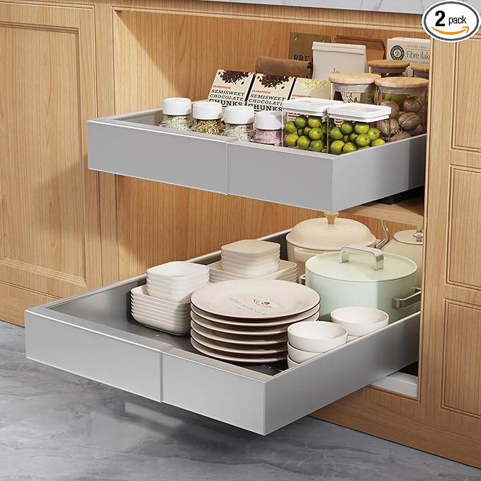 Seinloes 2 Pack Pull Out Cabinet Organizers 21" Deep With Raising Pad for Framed Cabinets, Expandable Width (9"-14") Slide Out Drawers Upgrade 3 Slide Rails, Roll Out Shelves Adhesive, Silver