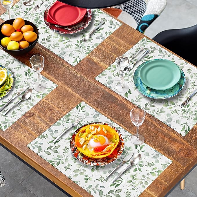 Sage Green Eucalyptus Leaves Placemats Set of 4 Spring Summer Watercolor Leaf Table Mats 12x18 Inch Seasonal Holiday Rustic Farmhouse Linen Fabric Place Mat for Kitchen Dining Decor