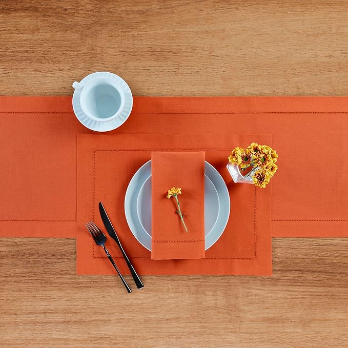 Solino Home Cotton Linen Placemats Set of 4 - Hemstitch Burnt Orange Placemats 14 x 19 Inch - Machine Washable Table Mats