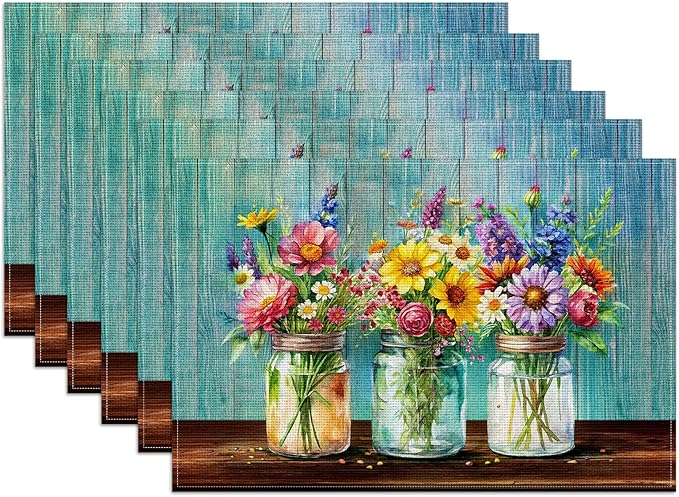 Rustic Flower Placemats Set of 6, Spring Flower Vase Linen Place Mat Washable Stain Resistant Table Mats for Farmhouse Kitchen Party Wedding 12x18 Inch