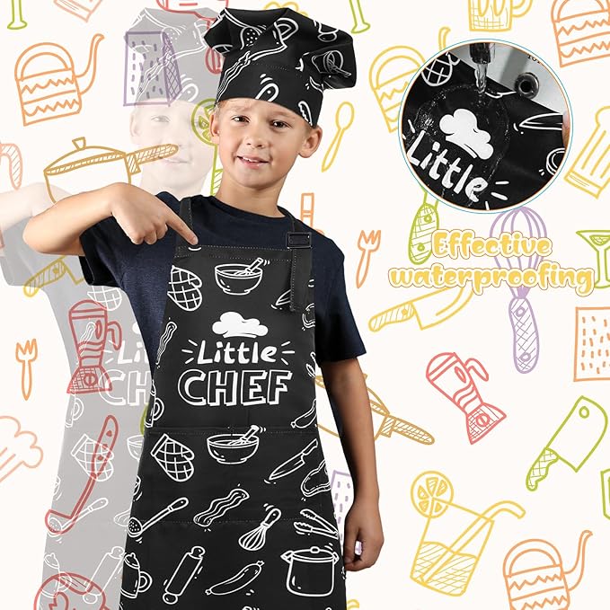 Kids Apron and Chef Hat Set, Funny Apron with 2 Pockets, Adjustable Kids Aprons for Cooking for Boys and Girls