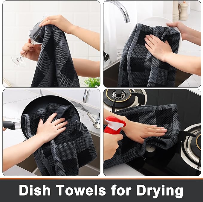 Mordimy 100% Cotton Waffle Weave Kitchen Towels, 20 x 28 Inches, Super Soft and Absorbent Buffalo Check Large Dish Towels for Drying Dishes, 4-Pack, Black & Grey