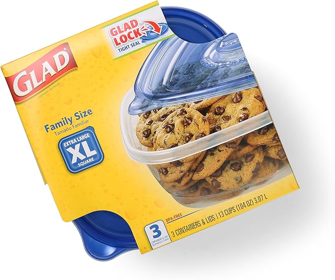 Glad GladWare XL Square Food Storage Containers with Lock Tight Lids, Family Size BPA Free Plastic Containers for Leftovers and Meal Prep, Reusable Dishwasher Safe, 104 Oz, 3 Count