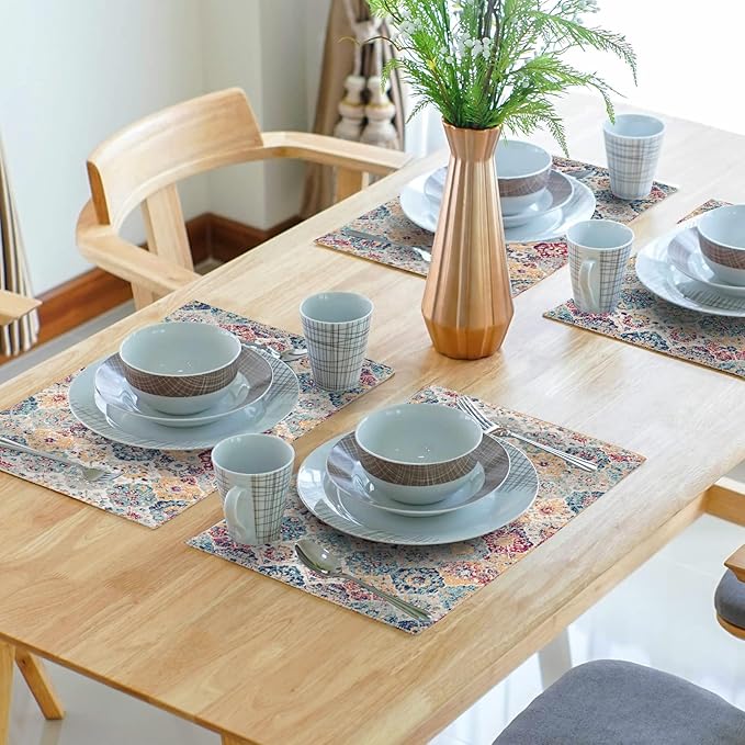 aportt Ethnic Boho Placemats Set of 4 Bohemian Carpet Vintage Rust Coral Floral Carpet Linen Washable Kitchen Dining Table Mats Stain Heat-Resistant Desktop Decor Place Mats 12x18 in