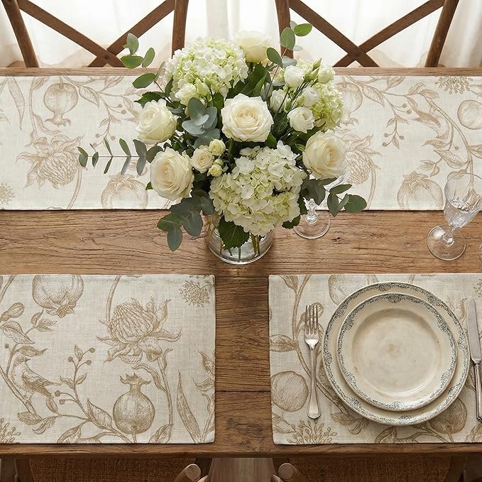 JINCHAN Linen Floral Placemats Set of Cloth Table Mats Rustic Cottagecore Botanical Outdoor Seasonal for Kitchen Dining Decor Heat Resistant Non-Slip Washable Tablemats 13x19 Inch Tan