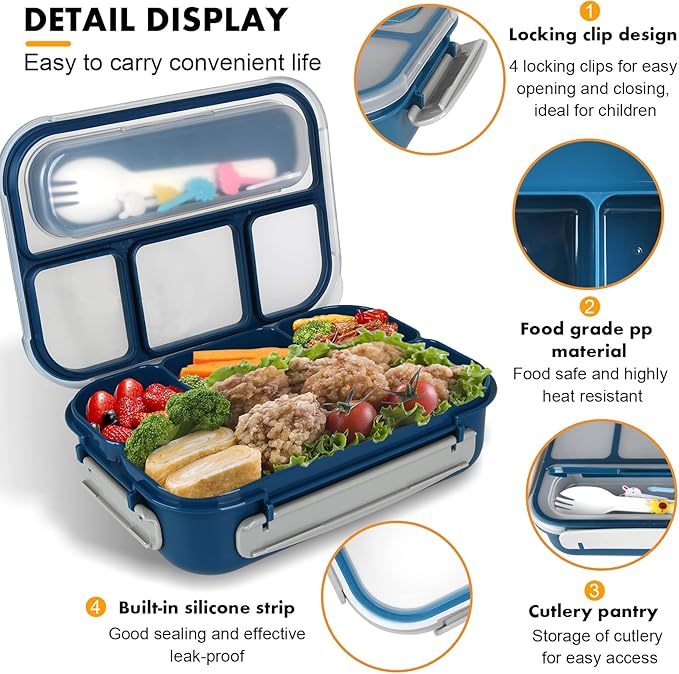 Yumuk Bento Box, Lunch Box Kids, 1300ML Adult with 4 Compartment &Food Picks &Cake Cups, Containers for Adults/Kids/Toddler, Leak-Proof, Microwave/Dishwasher/Freezer Safe(Blue)