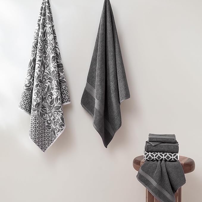 Modern Threads Botanical Vine 6-Piece 100% Cotton Towel Set – Reversible Yarn Dyed Jacquard – Includes 2 Bath Towels, 2 Hand Towels, 2 Washcloths – Absorbent, Quick Dry, Soft & Durable – Gray