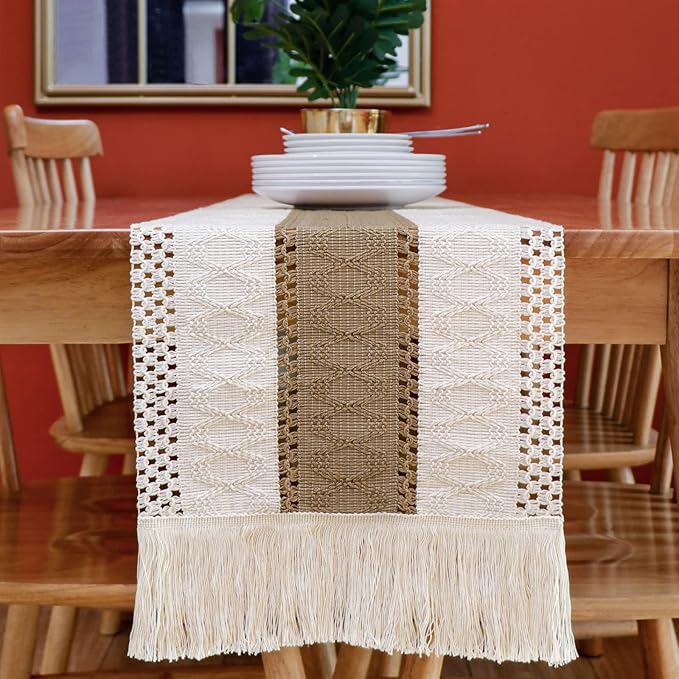 OurWarm Splicing Burlap Table Runner Farmhouse Style, Boho Table Runner Modern Farmhouse Decor Rustic Woven Cotton Crochet Lace for Bohemian, Rustic, Wedding, Bridal Shower, Dinner, 108 inch