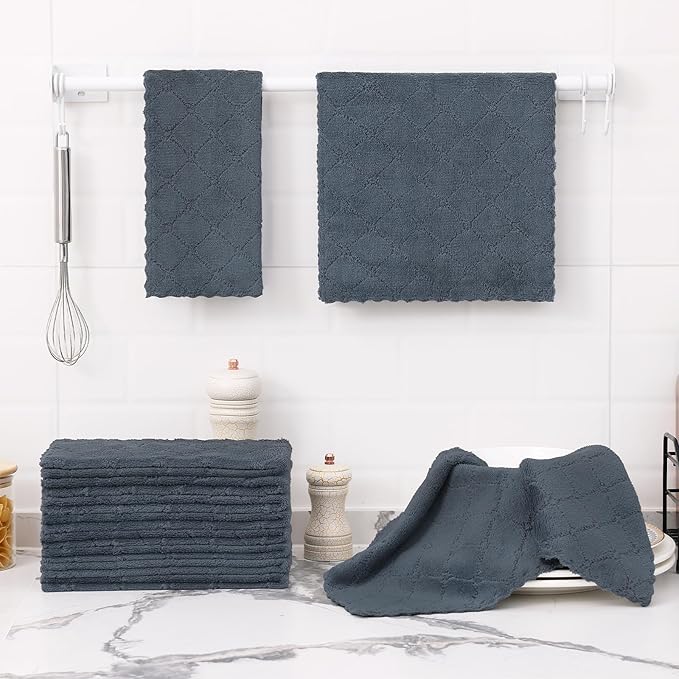 Homaxy 12 Pack Dish Towels for Kitchen (10 x 20 Inches, Dark Grey), Super Soft and Absorbent Coral Velvet Dish Cloths for Washing Dishes, Nonstick Oil Fast Drying Microfiber Cleaning Cloth