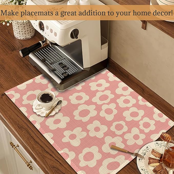 Placemats Set of 6,Groovy Retro Aesthetic Flower Pink Linen Place Mats,Modern Washable Table Placemats 12"x18" Heat Resistant Table Mats for Dining Kitchen Party Holiday Decoration