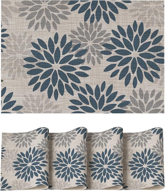 Artoid Mode Floral Vinyl Placemats Set of 4, Heat Resistant Washable Non-Slip Plastic PVC Place Mats for Party Kitchen Dining Decor, Blue Grey