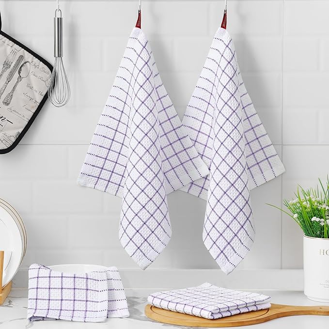 Homaxy 100% Cotton Dish Cloths, 8 Pack-12 X 12 Inches, Check Design Waffle Weave Dish Rags for Washing Dishes, Ultra Absorbent and Fast Drying Dishcloths, Purple