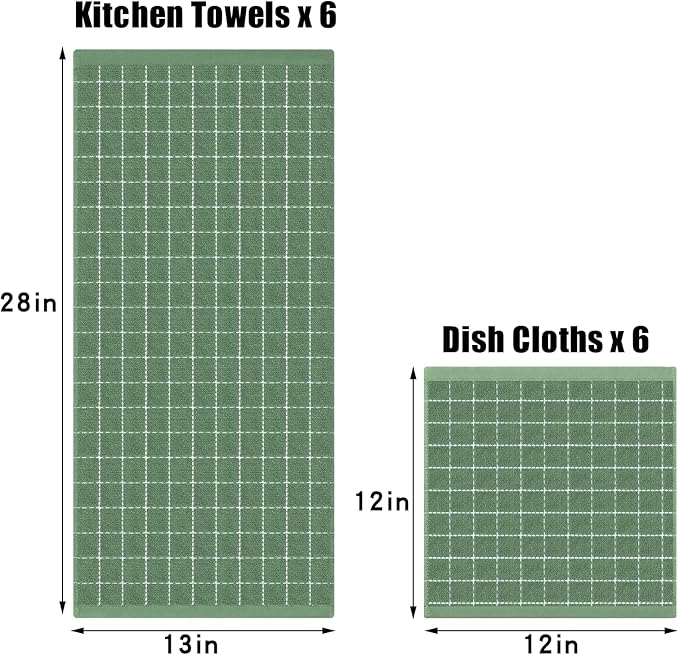 Homaxy Kitchen Towels and Dishcloths Set, 12 x 12 and 13 x 28 Inches, Set of 12 Bulk Cotton Terry Kitchen Towels Set, Checkered Designed, Soft and Super Absorbent Dish Towels, Grass Green