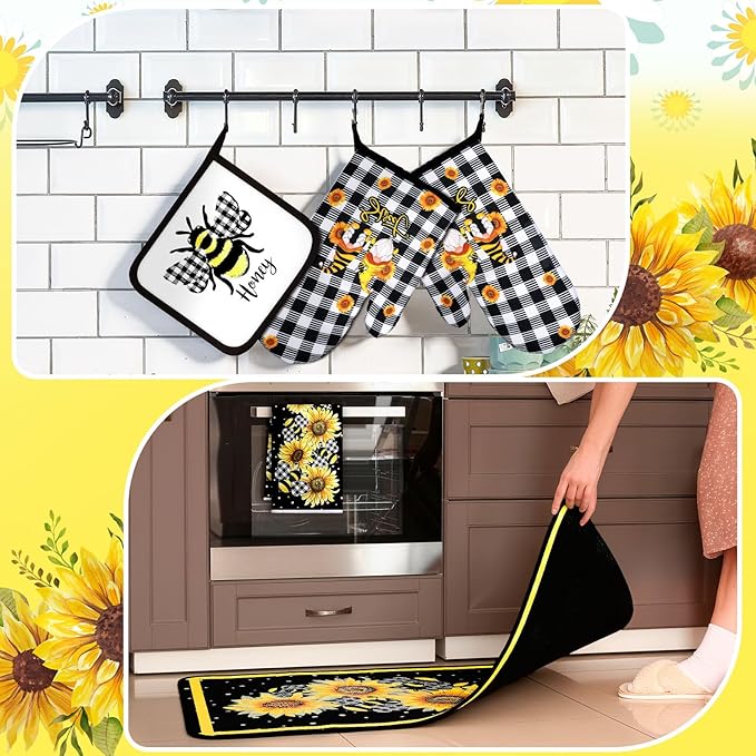 Fourluoo 10 Pcs Bee Kitchen Decor Sunflower Oven Mitts and Pot Holders Set Yellow Bee Dish Towels Rugs Mats Buffalo Plaid Kitchen Accessories for Chef Baking Cooking Grilling BBQ Women Home Gift