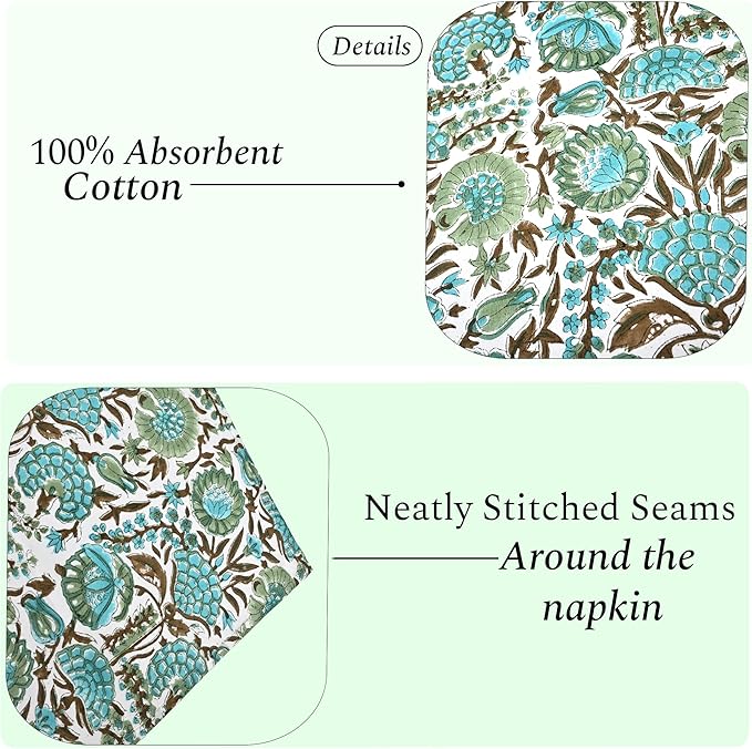 CPC Cloth Napkins Set of 4 Cotton Printed Dinner Hand Print Napkins I Wedding Cocktail Cloth Floral Napkins I 18x18 in I Aqua Green