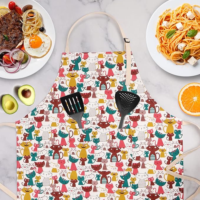 Cute Apron with 2 Pockets for Women, Adjustable Neck Strap and Long Waist Ties Cotton Cooking Baking Aprons, Use as a Kitchen and Chef Apron, Artist or Garden Aprons (Cat)