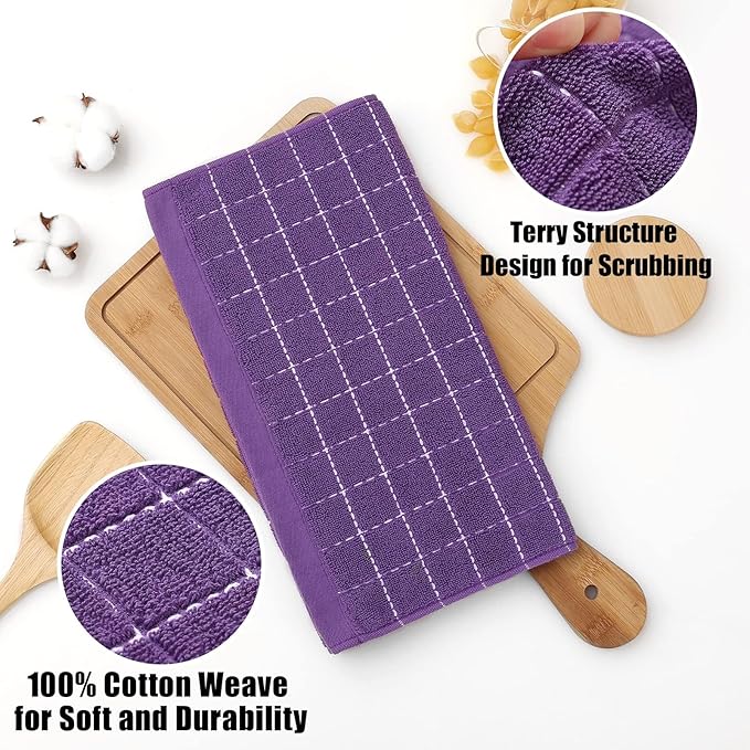 Homaxy 100% Cotton Terry Kitchen Dish Cloths, Ultra Soft and Absorbent Dish Towels for Kitchen, Suitable for Drying and Washing Dishes, 4 Pack, 12 x 12 Inches, Purple