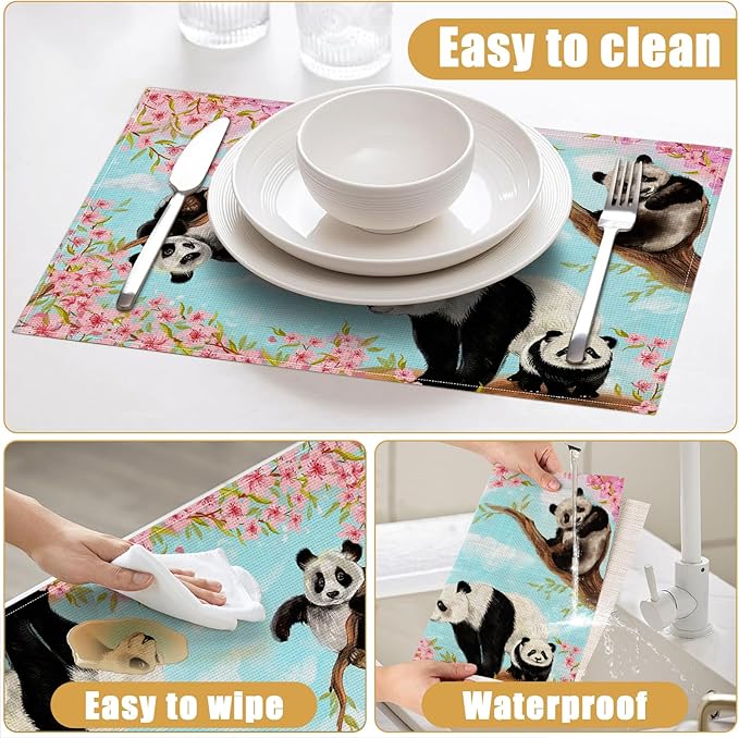 Cute Panda Placemats Set of 6, Sakura Tree Linen Place Mat Washable Stain Resistant Table Mats for Farmhouse Kitchen Dining Holiday Party Wedding Decor 12x18 Inch