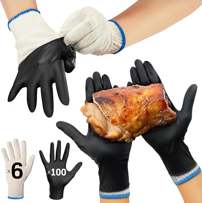 Raxwell BBQ Gloves - Heat-Resistant Gloves for Cooking - Food-Grade Non-Slip Grip & Barbecue Accessories - Includes 6 Cotton Liners for Grilling Accessories - X-Large, Black