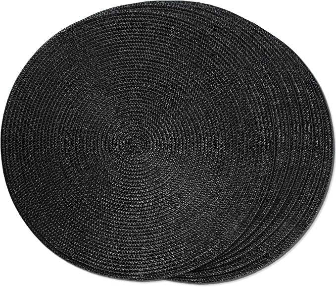 FunWheat Round Braided Placemats Set of 6 Place Mats for Dining Table Woven Washable Non-Slip Table Mats 15 Inch (Black, 6pcs)