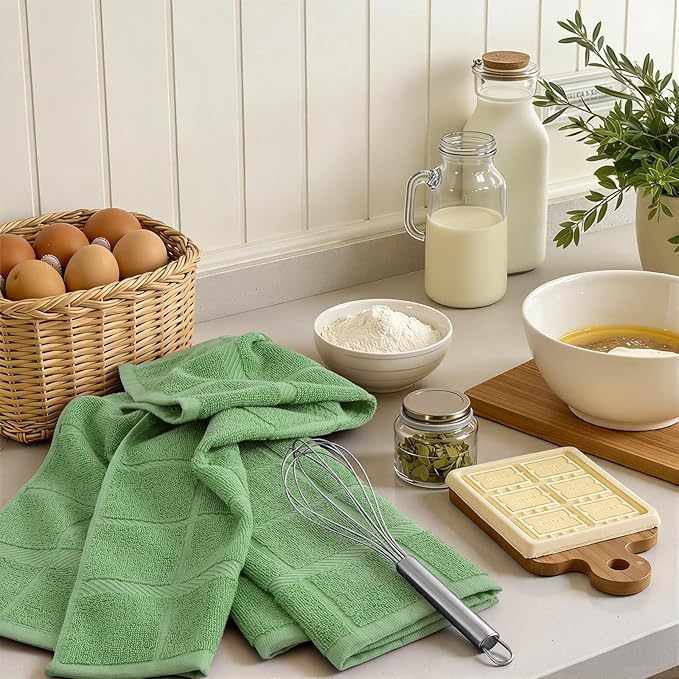 Homaxy Premium Kitchen Towels 18"x28", 6 Pack Large Cotton 380 GSM Dish Towels, Soft and Absorbent Kitchen Hand Towels with Terry Grid Design, Utility Tea Towel Set with Hanging Loop, Grass Green