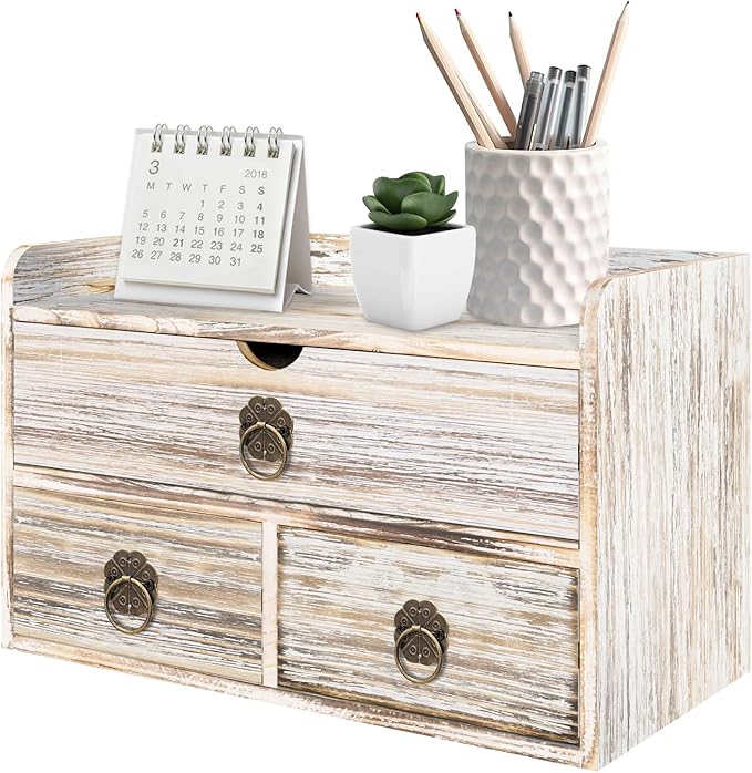 Wood Desk Organizer with Drawer, Vintage Brown Wooden Desktop Organizer, Tabletop Storage Organization Box for Countertop, Home Office Supplies, 13.5x6.6x8.2 Inch(3 Drawer and Shelf)