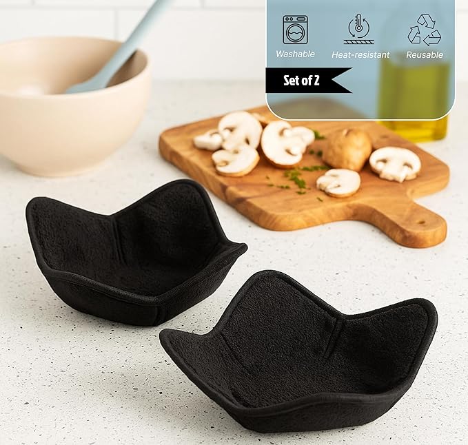 Set 2X Black 7" sq. x 4"H Polyester Microwave Bowl Holder Potholders - Microwavable Soup Bowl Cozy - Hot Pads Holders for Hot Food Quilted - Bowl Cozies for Microwave Kitchen Accessories, Gadgets