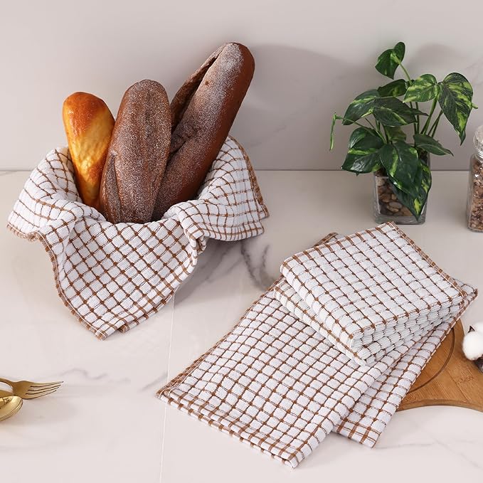 Homaxy Kitchen Towels and Dishcloths Set, 16 x 25 and 12 x 12 Inches, Set of 8 Cotton Terry Kitchen Dish Towels, Super Soft and Absorbent Dish Cloths, Brown