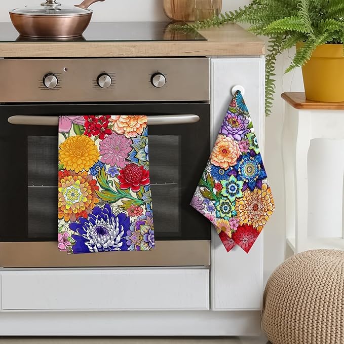 Boho Floral Kitchen Dish Towels Decorative Set of 4, Colorful Kitchen Stuff Hand & Tea Towels for Cleaning Drying, Baking Cooking Lover Gifts for Chef Cooks Women, Housewarming Gifts for Women