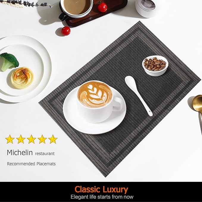 Placemats Set of 8 Washable&Wipeable Place mats for Dining Table Kitchen Indoor Outdoor Table Mats Heat Resistant Non Slip Woven Vinyl Table Placemats (Black，8PCS)