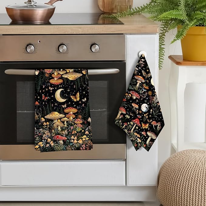 Mushroom Moth Kitchen Towels Decorative Set of 4, Witchy Dish Towels Absorbent Hand Drying Cloth for Cooking Baking, Mushroom Witchy Gifts for Women 16"x24", Black Kitchen Decor