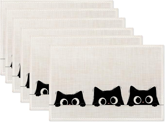 Cute Black Cats Placemats Set of 6,Washable Kitchen Dining Linen Table Mats for Home Party Dinner Indoor Outdoor 12x18Inch