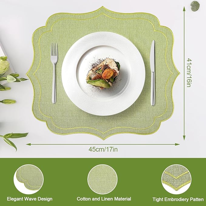 Linen Placemats Set of 4, Sage Green Embroidered Place Mats 16x18 Inch, Scalloped Edge Washable Fabric Table Mats, Wavy Shape Table Decor for Wedding Baby Shower Party Dining Room