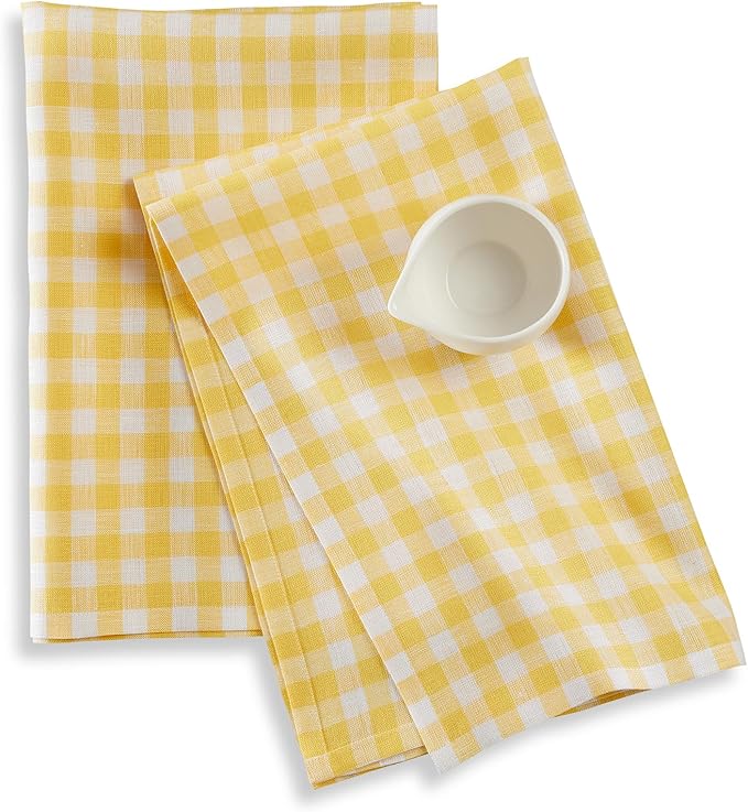 Solino Home Linen Kitchen Towels Set of 2 - Marigold Yellow 17 x 26 Inch - 100% Pure Linen Gingham Check Kitchen/Tea Towels - Machine Washable and Handcrafted from European Flax