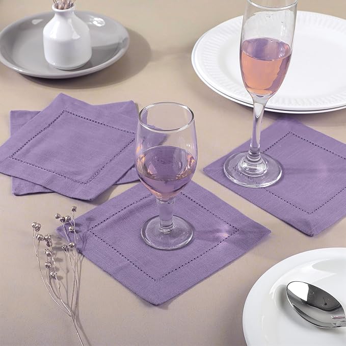 FINGERCRAFT Cocktail Napkins 6 x 6 Inch Premium Quality Cotton, Generous Hemstitch and Mitered Corner Set of 12 Coaster Cloth Lavender