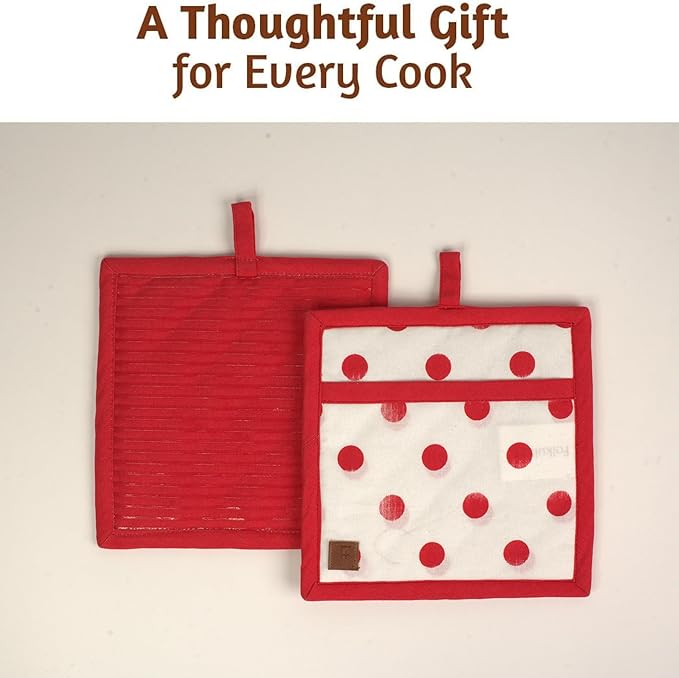 Folkulture Pot Holders for Kitchen | Pack of 2 (8x8) Ribbed Soft Silicone Hot Pads | 100% Cotton Red Cute Oven Pot Holders Set | Heat Resistant, Non Slip | Cooking Gifts, Polka Dot