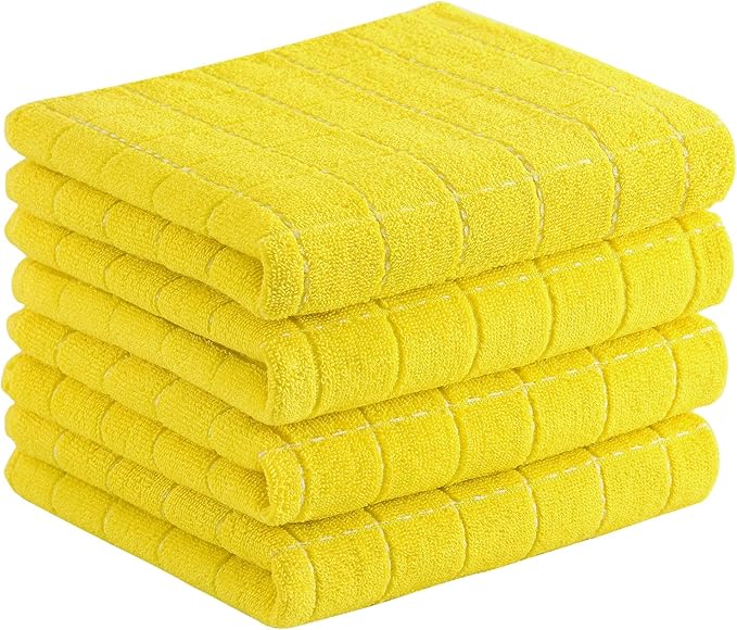 Homaxy 100% Cotton Terry Kitchen Towels(Yellow, 13 x 28 inches), Checkered Designed, Soft and Super Absorbent Dish Towels, 4 Pack