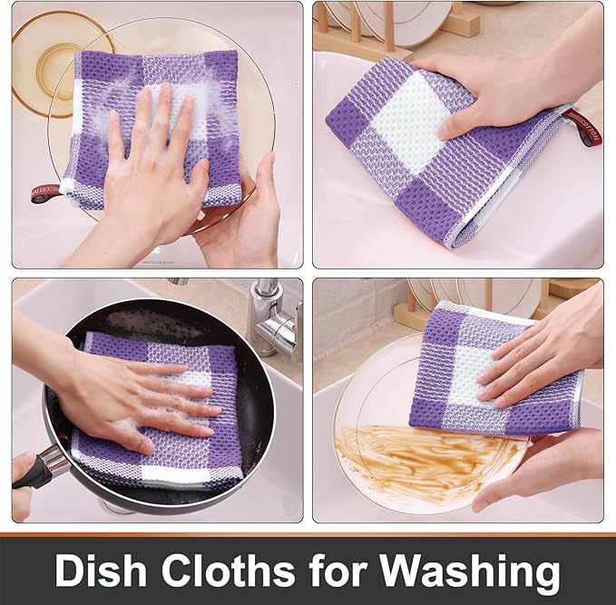 Mordimy 100% Cotton Waffle Weave Plaid Dish Cloths, 12 x 12 Inches, Super Soft and Absorbent Quick Drying Buffalo Check Dish Rags for Kitchen, 6-Pack, Purple & White