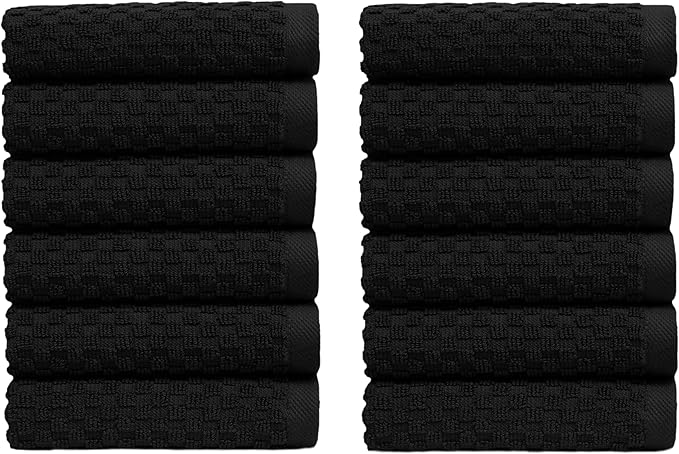 COTTON CRAFT Euro Spa Waffle Wash Cloth - Set of 12 Luxury Pure Ringspun Cotton Waffle Weave Bathroom Face Towel - Everyday Absorbent Hotel Gym Shower Beach Kitchen Travel Dorm - 12x12 inches - Black