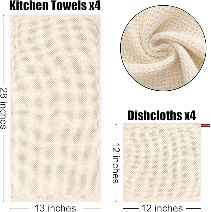 Kitinjoy 100% Cotton Kitchen Towels and Dishcloths Set, 8 Pack-13" x 28" and 12" x 12" Waffle Weave Dish Towels, Ultra Soft Absorbent Quick Drying Dish Rags, Multicolor