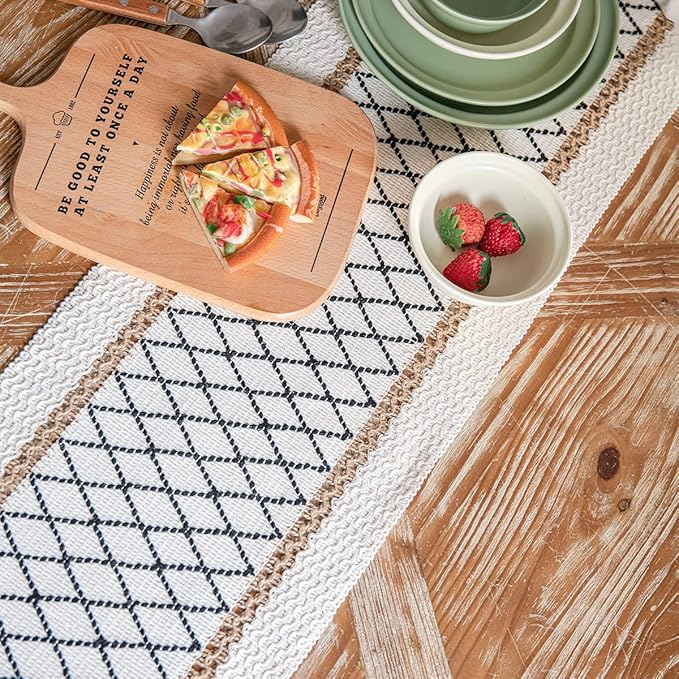Table Runner, Boho Table Runner Cotton Linen Table Decorations, Farmhouse Table Runners with Tassels for Bohemian Wedding Bridal Shower Rustic Home Dining Table (Black/Grid/12x90)