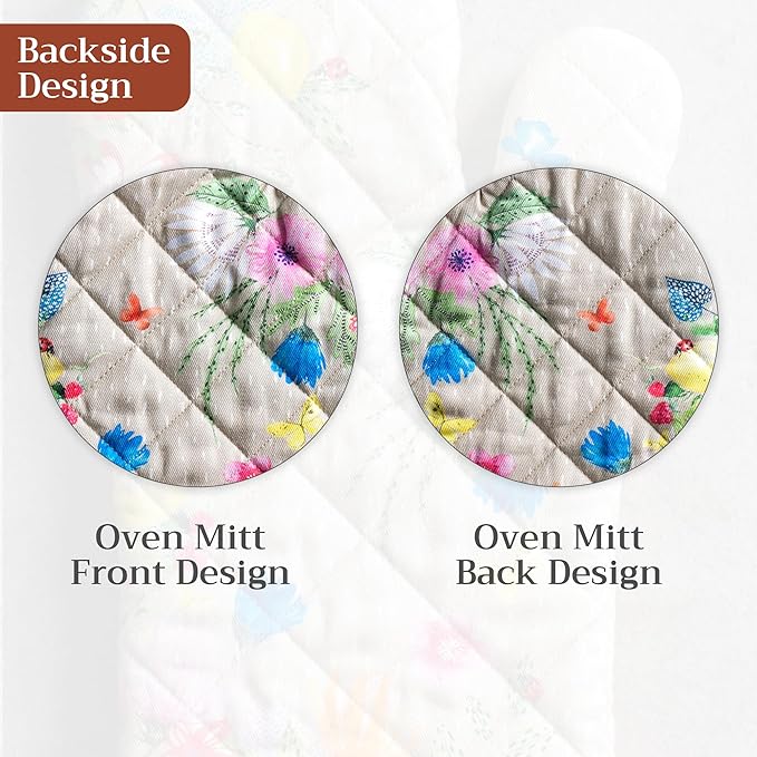 Maison d'Hermine Oven Gloves 100% Cotton Oven Mitt 7" x 13" with Loop Heat Resistant BBQ Cooking Gloves Baking Grilling Gifts for Mothers Day Spring/Summer (Pack of 1, Jardin D'Ete - Fog)