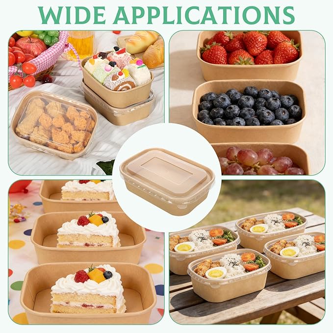 50 Pack 22oz Disposable Kraft Paper Bowls with Lids, Rectangle Meal Prep Containers Bulk, Large Paper Salad Bowl, Leakproof Food Containers Treat Soup Serving Bowls, Microwave Safe for Hot/Cold Food