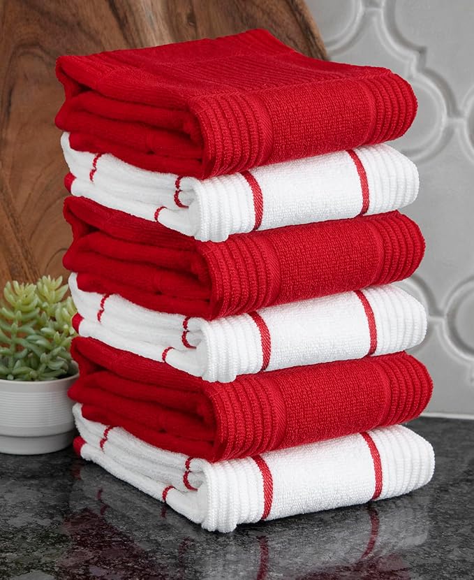 T-Fal Solid & Checked Parquet Kitchen Towels: Highly Absorbent, Super Soft Long Lasting - 100% Cotton, 16"x26" Dish Towels for Cleaning & Drying Dishes, Pans, Glassware, Countertops, 6-Pack, Red