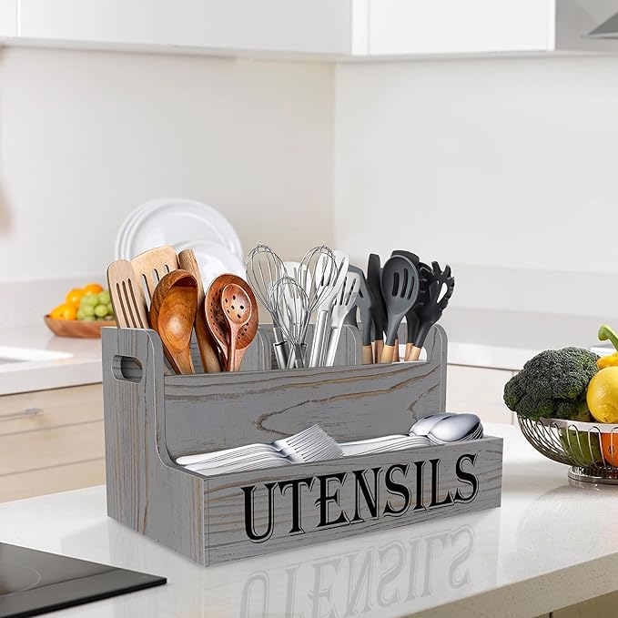 Suli Kitchen Utensils Holder, Wooden Utensil Organizer for Kitchen Countertop, Farmhouse Utensil Storage, Rustic Cooking Utensils ,4 Compartments,- Grey Grain