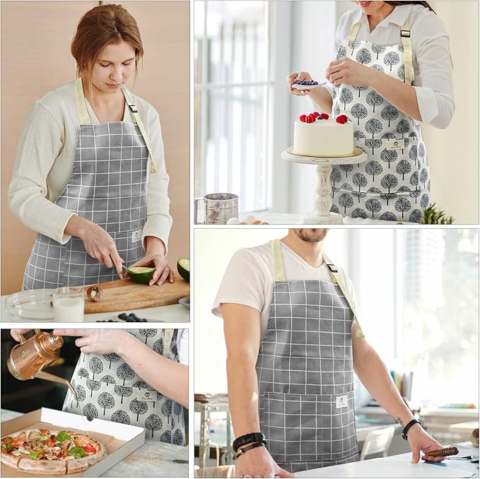 NLUS 2 Pack Waterproof Cooking Aprons, Adjustable Bib Soft Chef Apron with 2 Pockets for Men Women (Gray Stripe/Gray Trees)